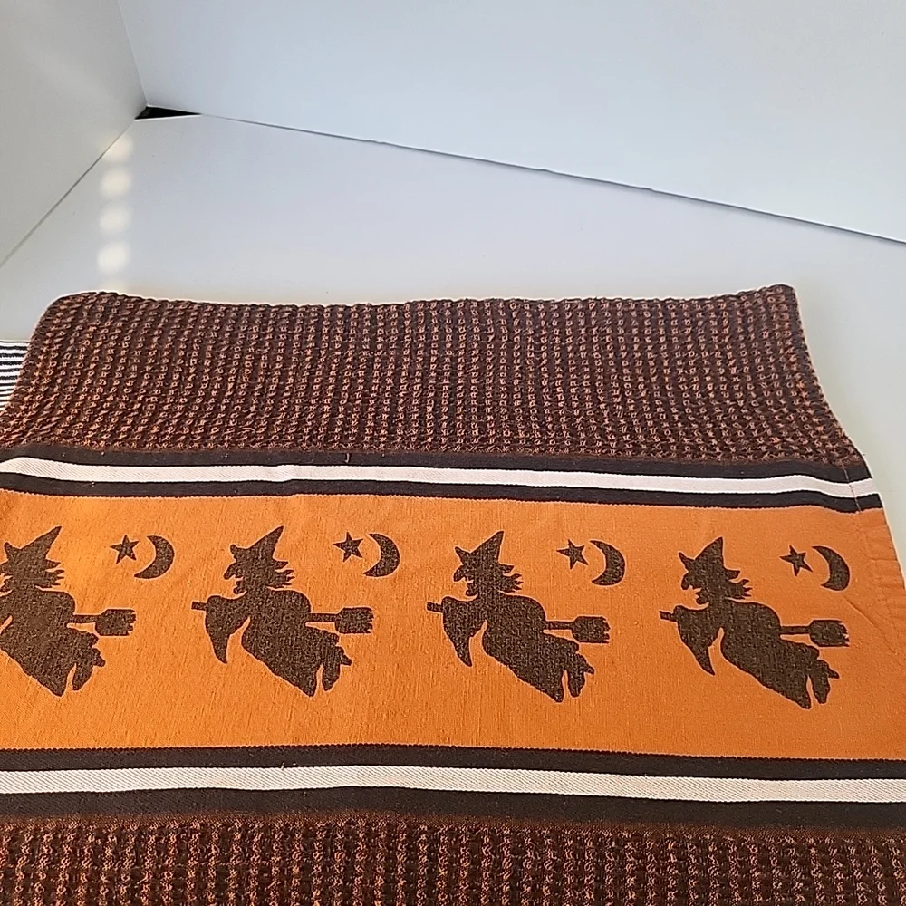 Crate&Barrel Flying Witch Halloween Dish Towels Set Of 2